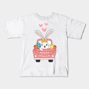 Cute Bunny Spring Easter om pink easter egg truck Kids T-Shirt